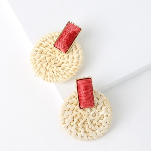 Red Woven Circle Earrings - Picture 2 of 3